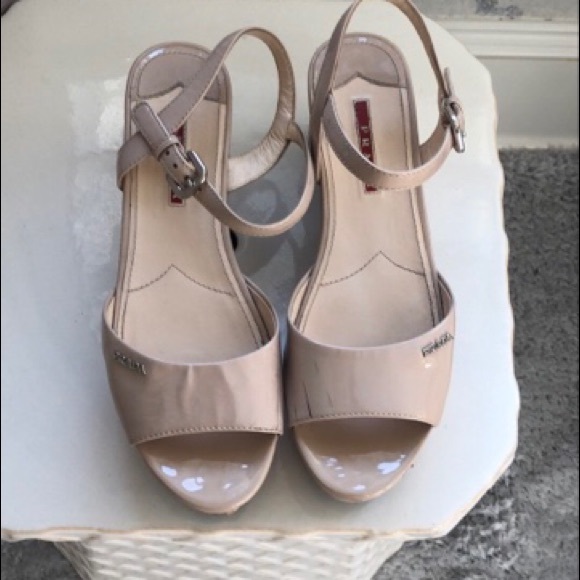 Prada Nude Patent Leather Platform Wedges - Picture 3 of 4